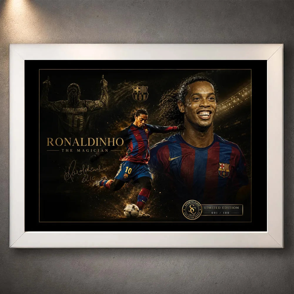 Ronaldinho wall art in a white frame, featuring the football legend in a dark collector-style layout.