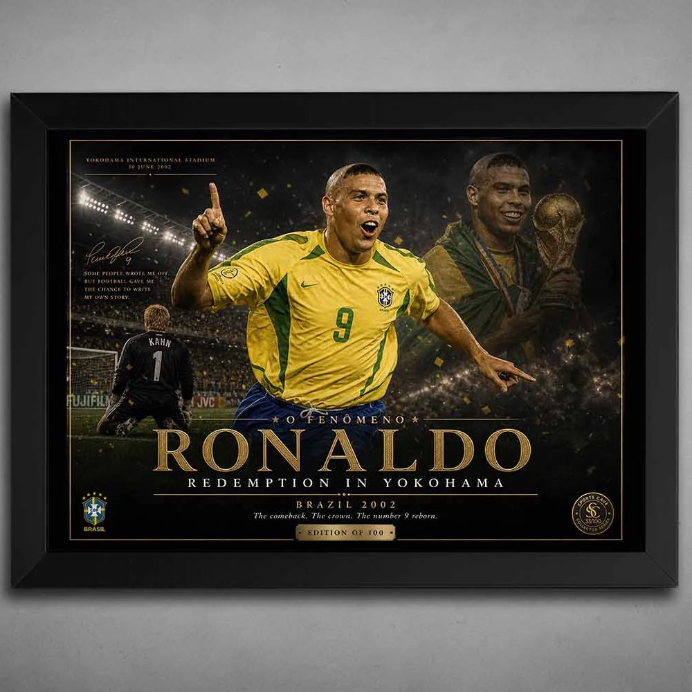 Black framed Ronaldo Nazário Brazil 2002 artwork celebrating World Cup glory with premium sports collectibles.