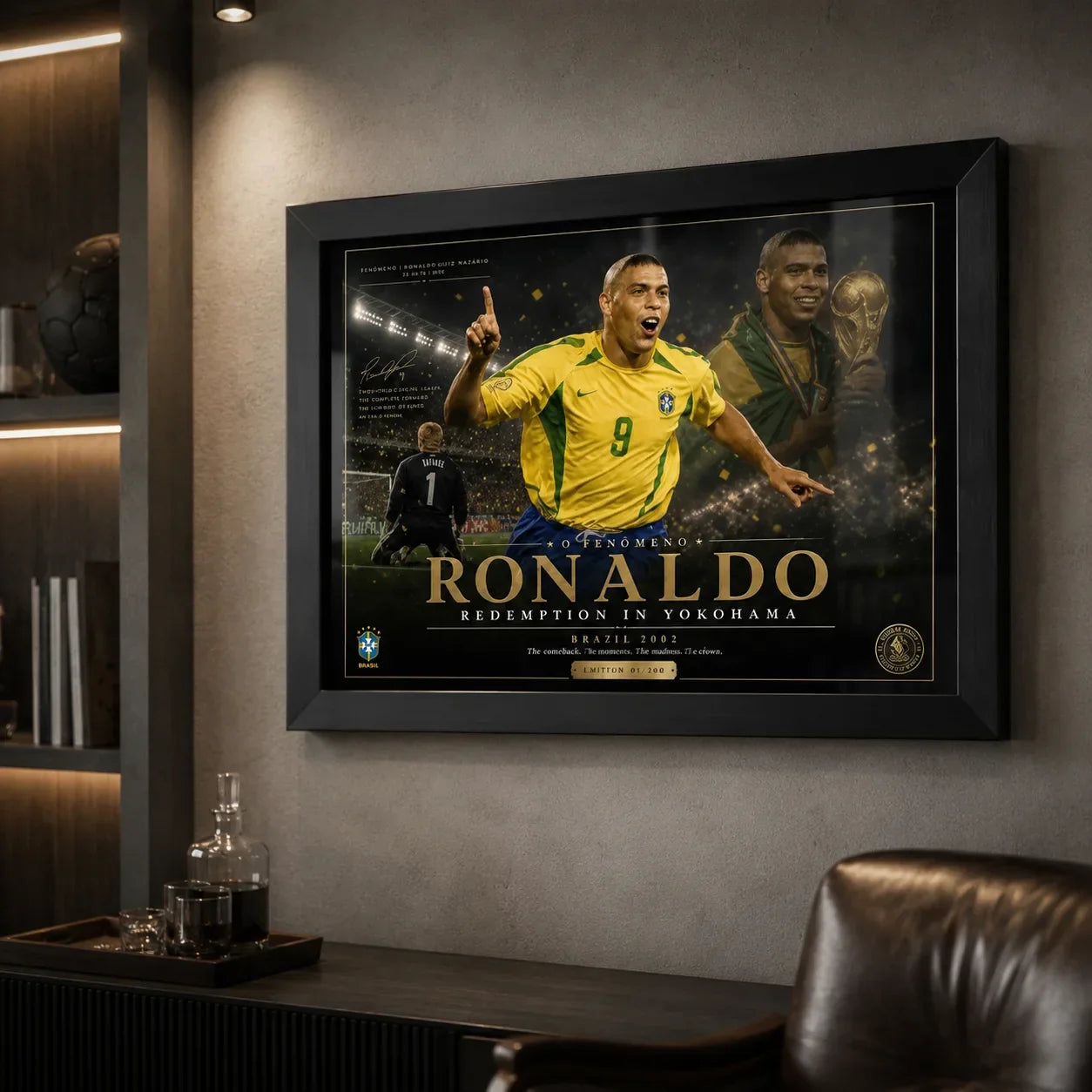 Black framed Ronaldo Nazário Brazil 2002 soccer wall art displayed in a dark premium man cave.