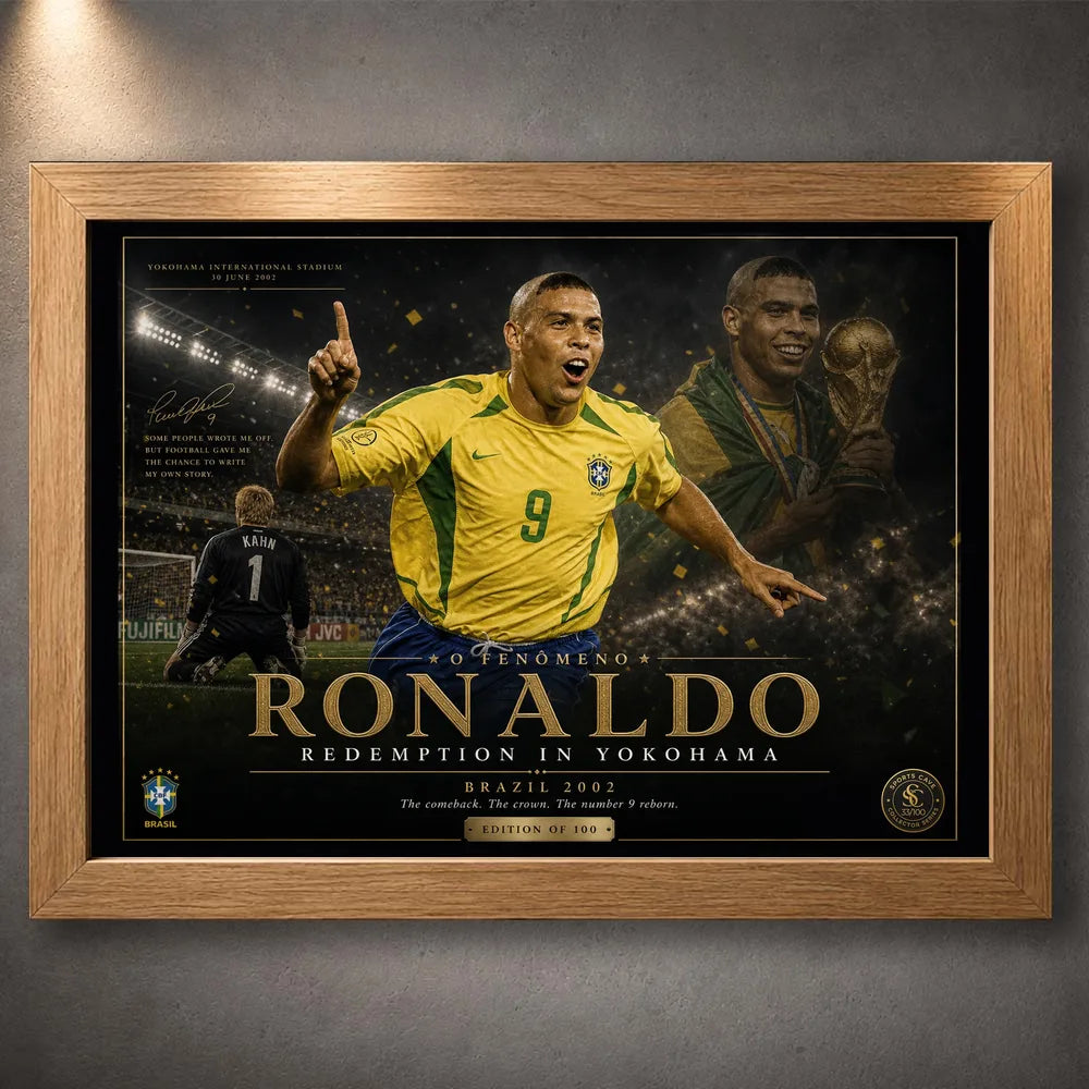Oak framed Ronaldo Nazário Brazil 2002 soccer wall art featuring the Yokohama redemption design.