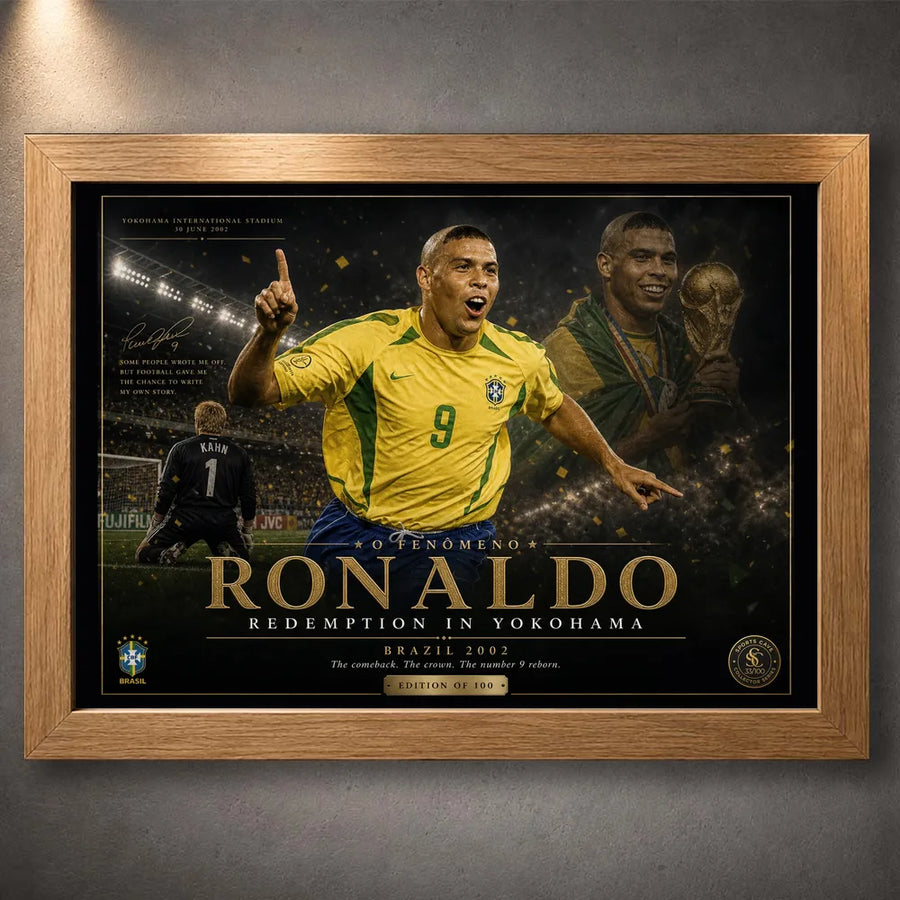 Oak framed Ronaldo Nazário Brazil 2002 soccer wall art featuring the Yokohama redemption design.