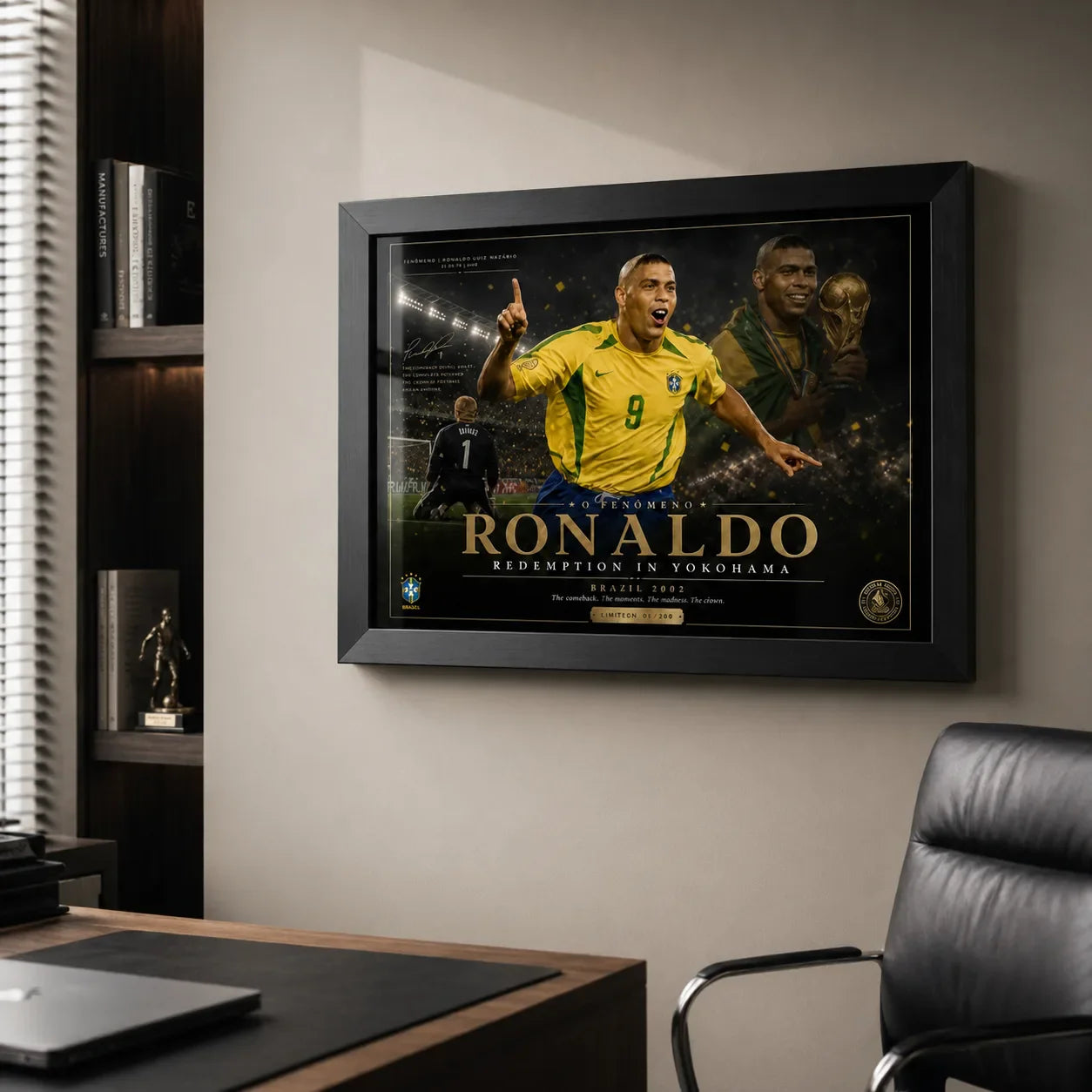 Brazil 2002 soccer wall art in a black frame displayed in a modern office setting.