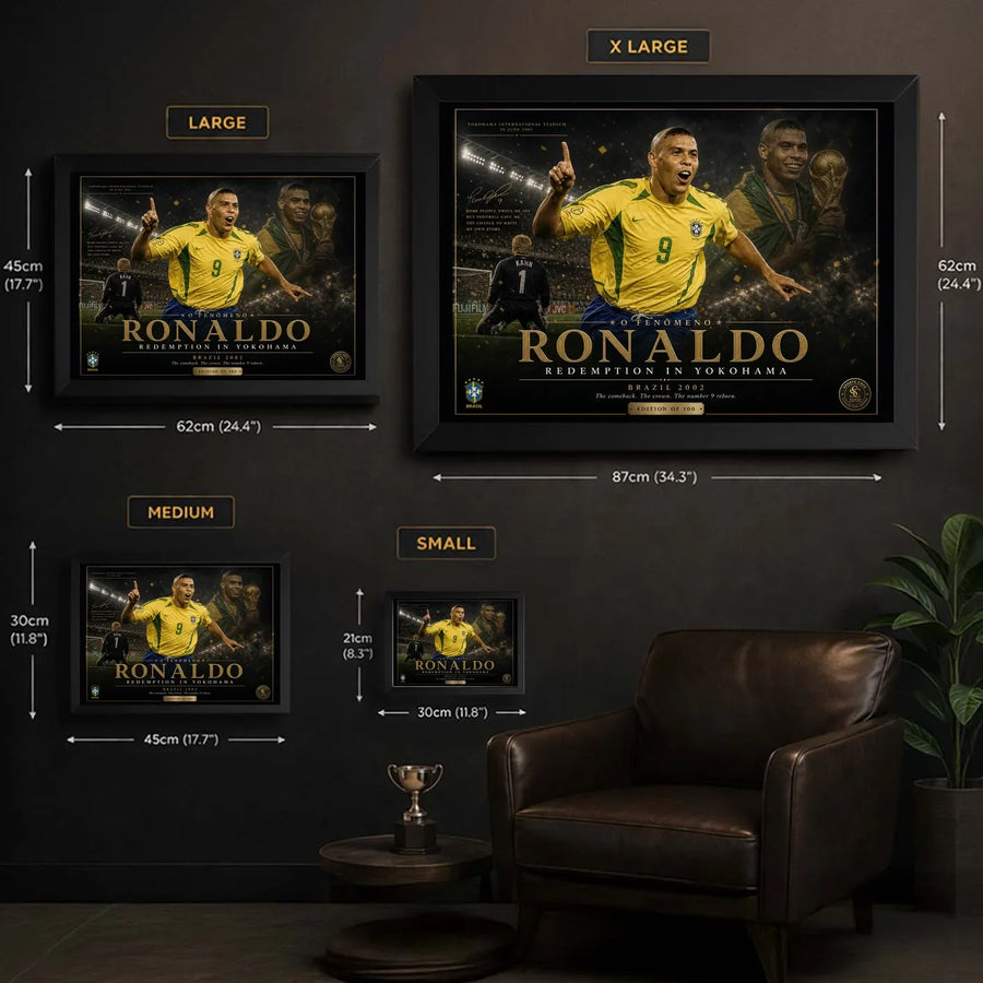 Size guide for framed Ronaldo Nazário Brazil 2002 soccer wall art showing S, M, L and XL options.