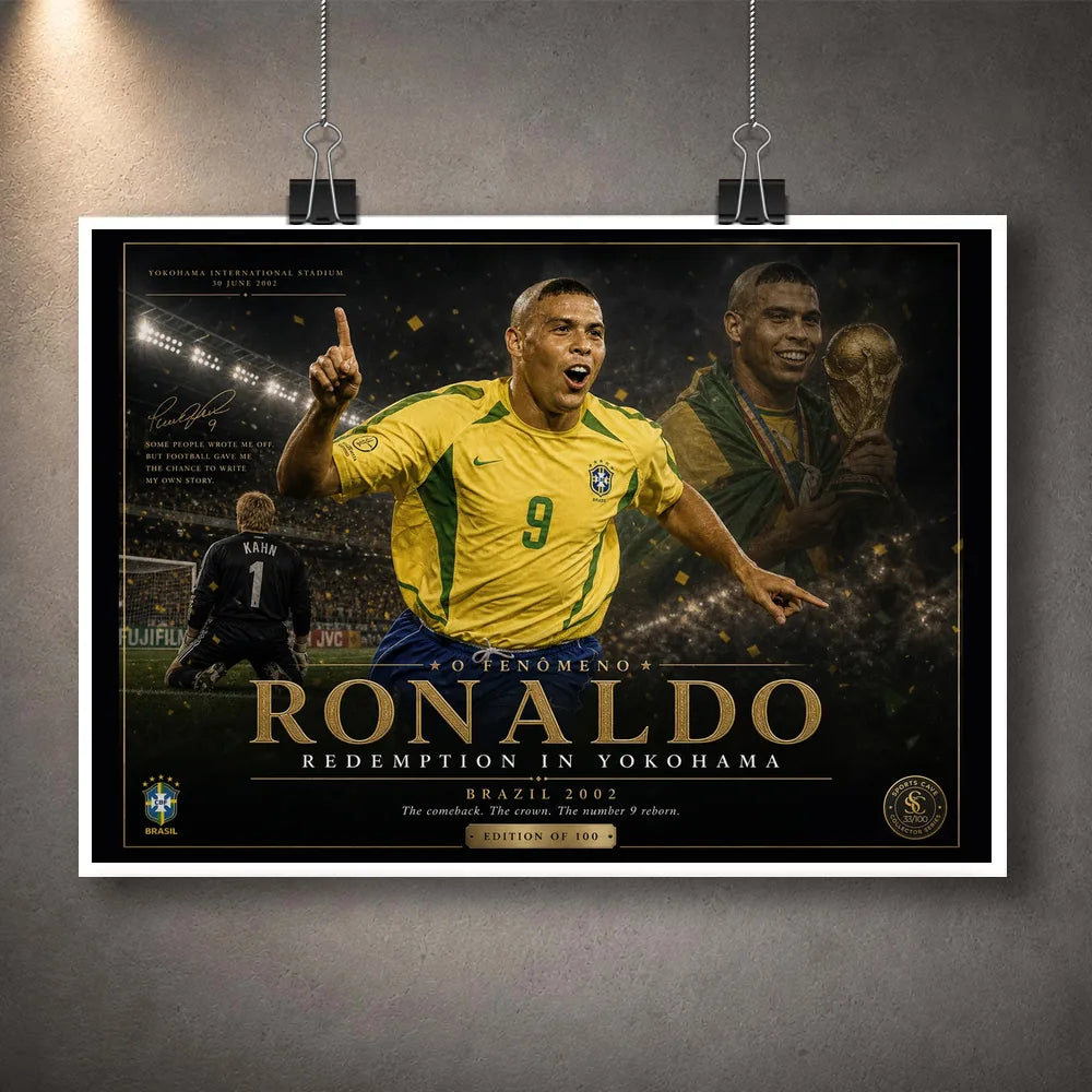 Unframed Ronaldo Nazário Brazil 2002 soccer wall art print featuring the Yokohama redemption artwork.