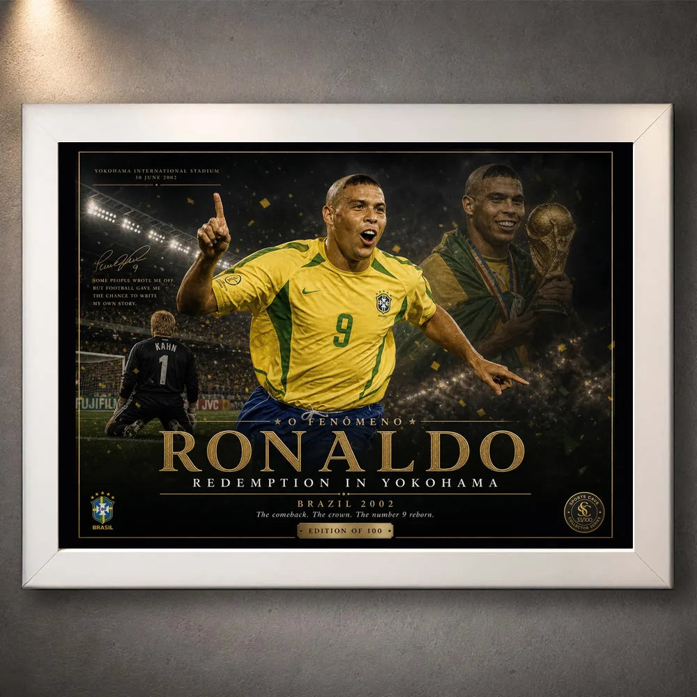 White framed Ronaldo Nazário Brazil 2002 soccer wall art featuring the Yokohama redemption design.