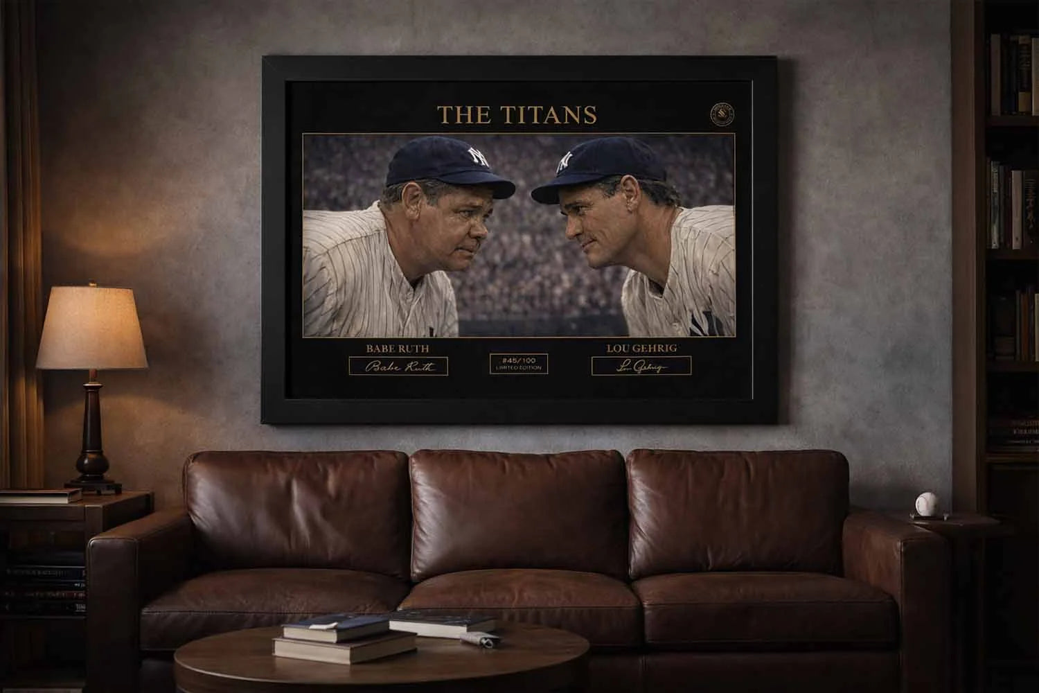 Babe Ruth and Lou Gehrig baseball artwork in a framed black gallery frame, showcased in a cozy living room, man cave wall décor.