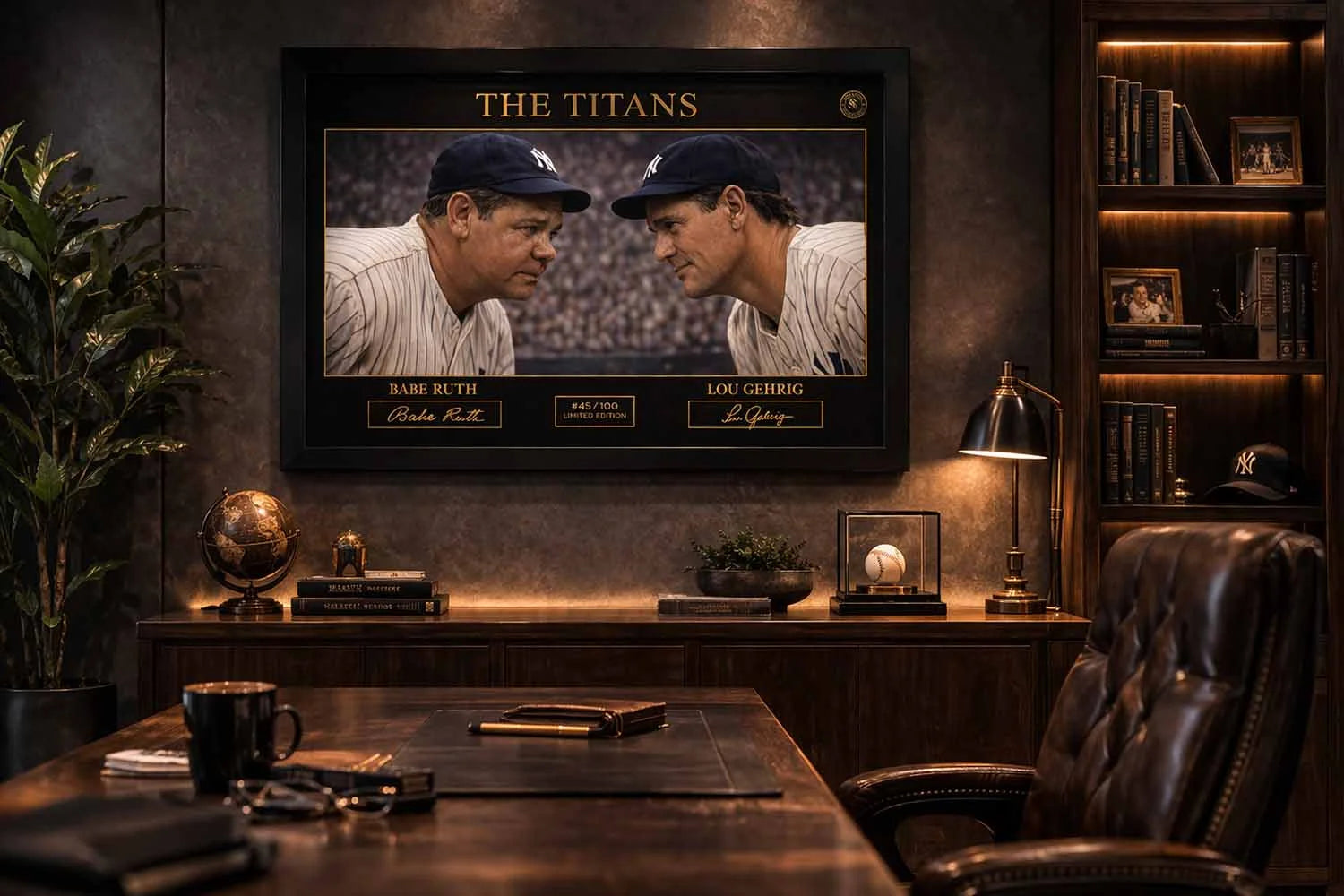 Babe Ruth and Lou Gehrig baseball artwork in a framed black gallery frame, showcased in an executive office, sports wall art.