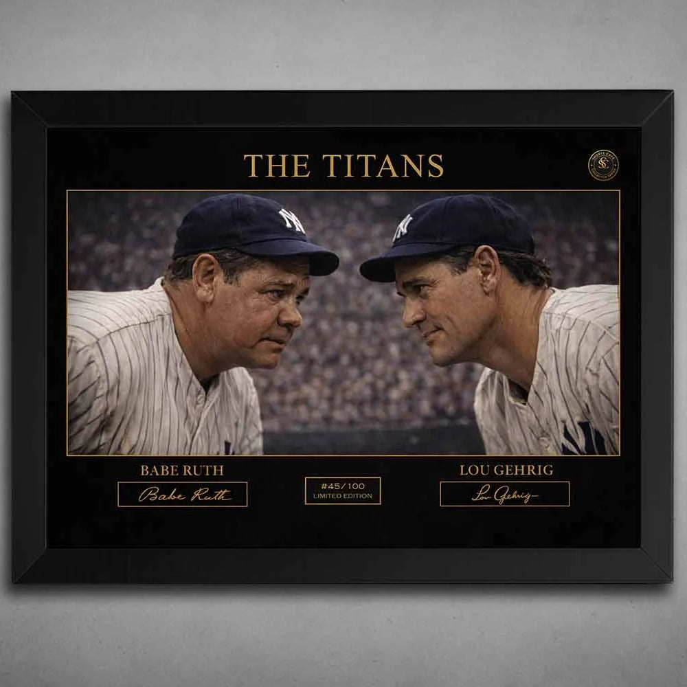 Framed baseball art of Babe Ruth and Lou Gehrig, titled "The Titans," in black frame, limited edition sports memorabilia.