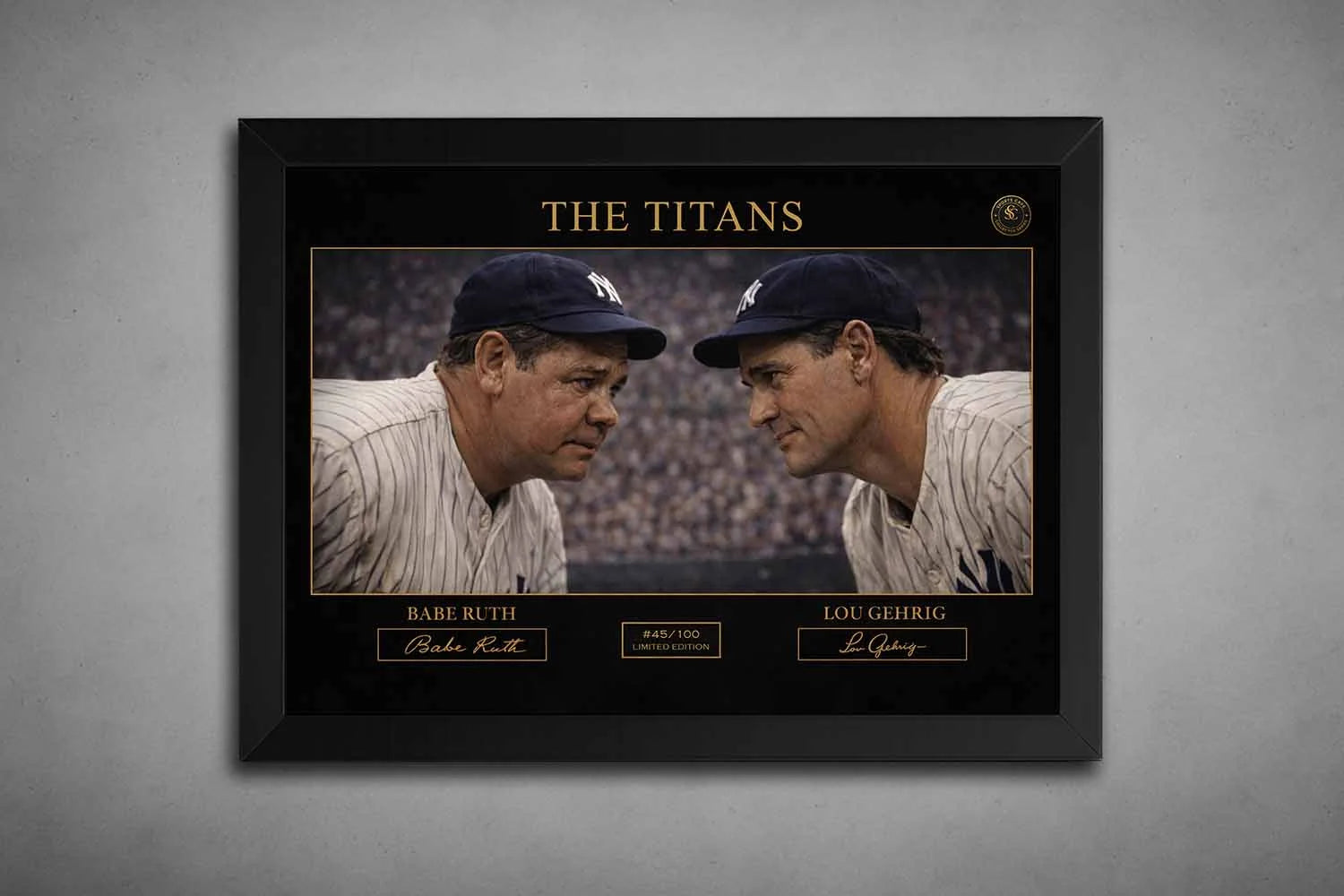 Framed baseball art of Babe Ruth and Lou Gehrig, titled "The Titans," in black frame, limited edition sports memorabilia.