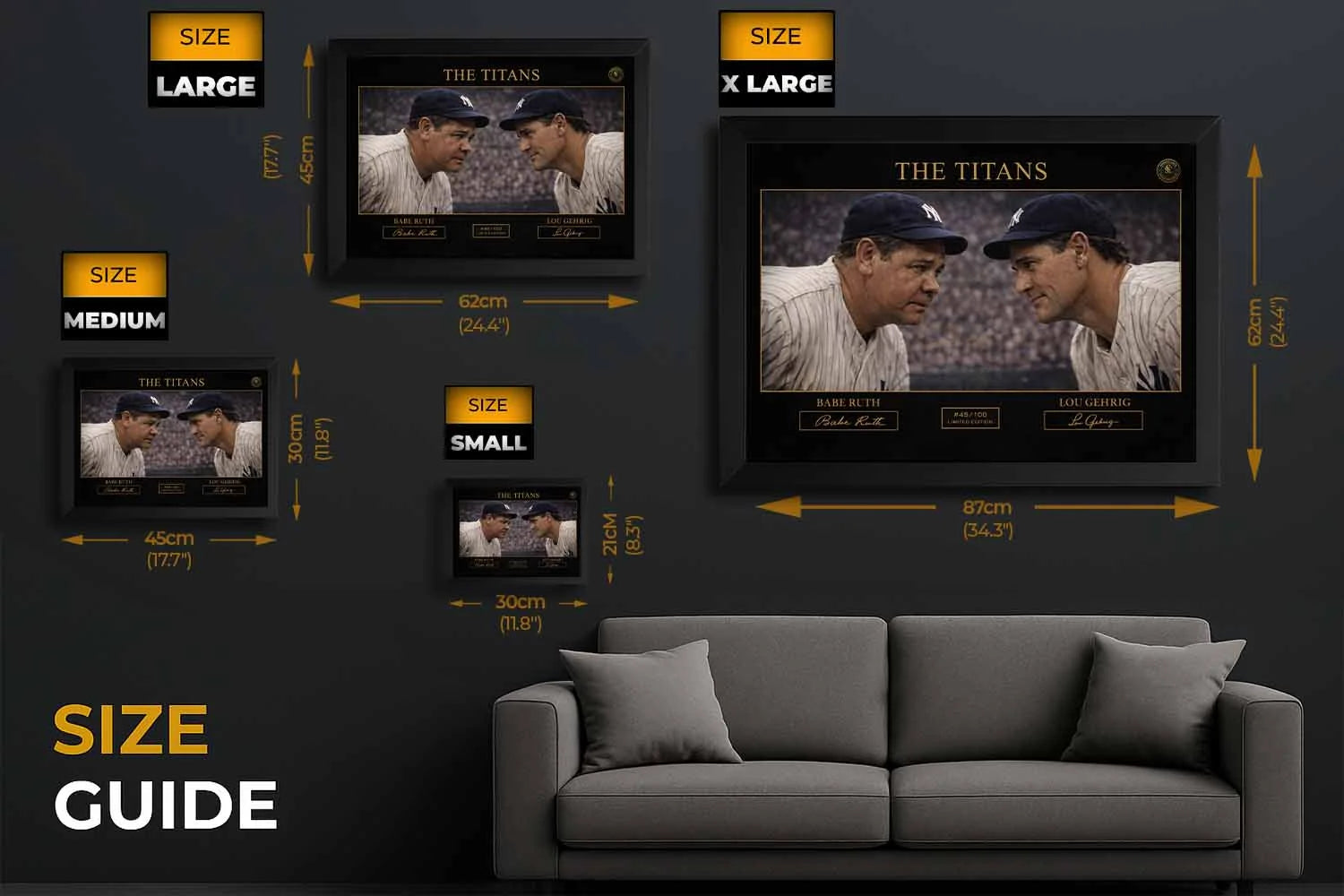 Size guide for framed baseball art featuring Babe Ruth and Lou Gehrig, showing large, medium, and small sizes in a living room setting, premium sports collectibles.