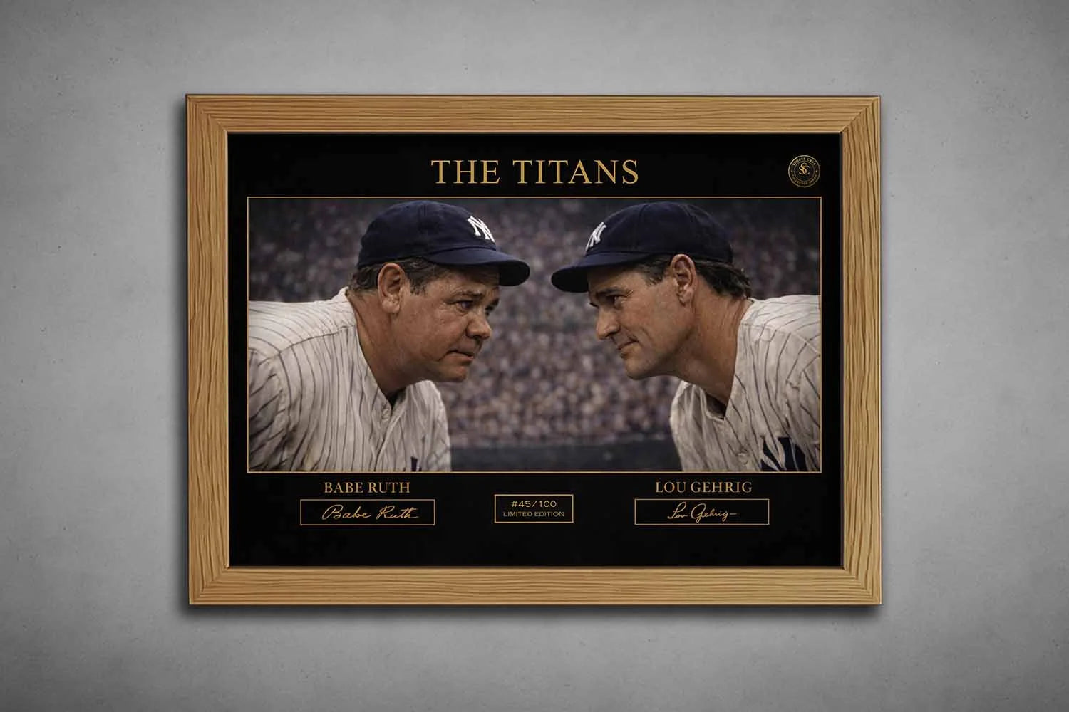 Framed baseball art of Babe Ruth and Lou Gehrig, titled "The Titans," in oak frame, limited edition sports memorabilia.