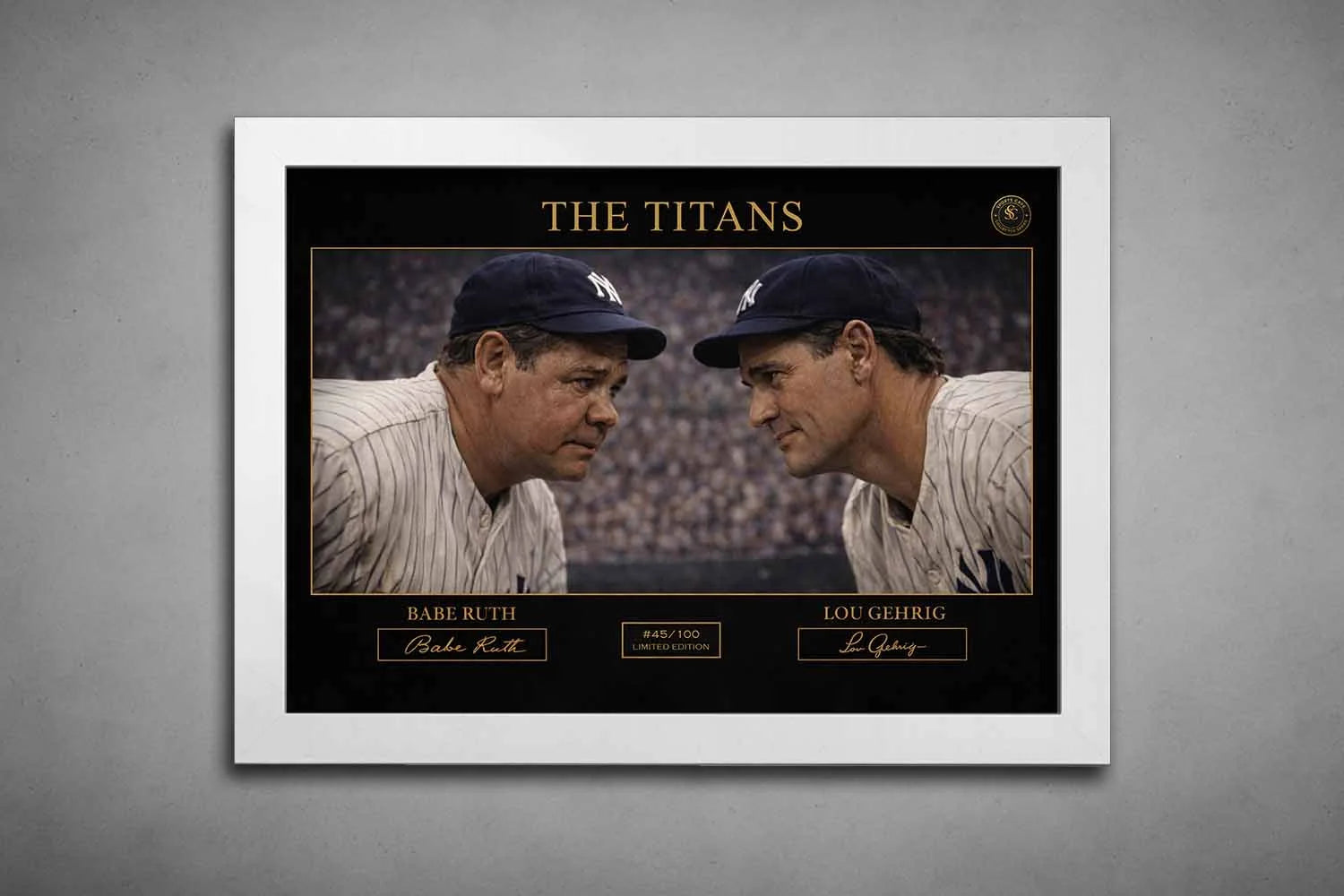 Framed baseball art of Babe Ruth and Lou Gehrig, titled "The Titans," in white frame, limited edition sports memorabilia.