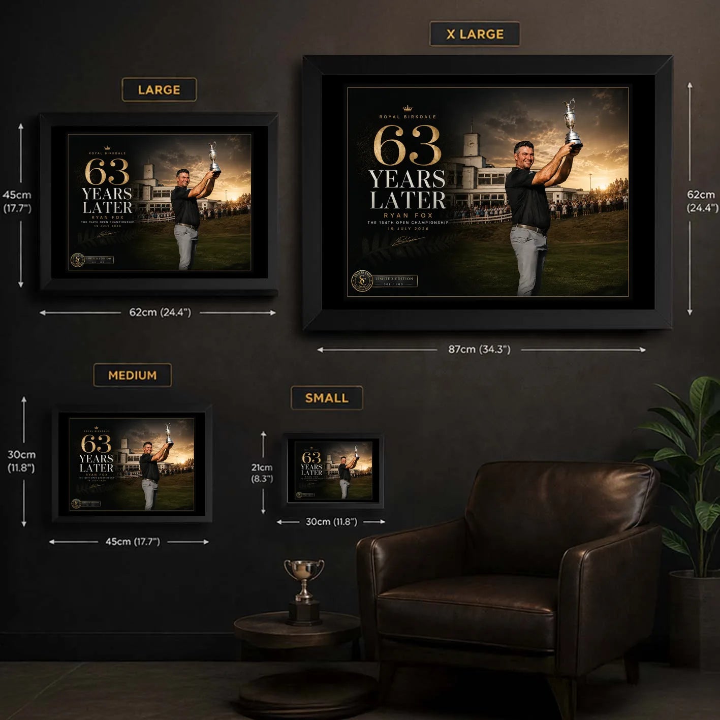 Ryan Fox wall art size guide showing Small, Medium, Large and X Large framed dimensions in centimetres and inches.