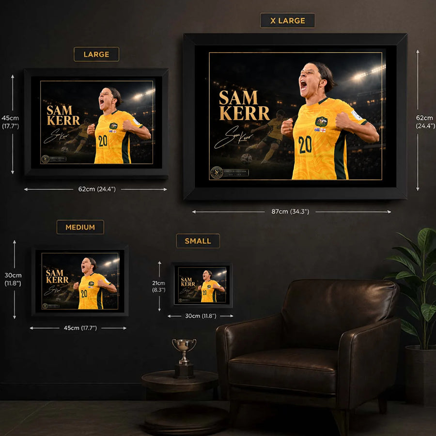 Sam Kerr framed soccer wall art size guide showing Small, Medium, Large and X Large dimensions in centimetres and inches.