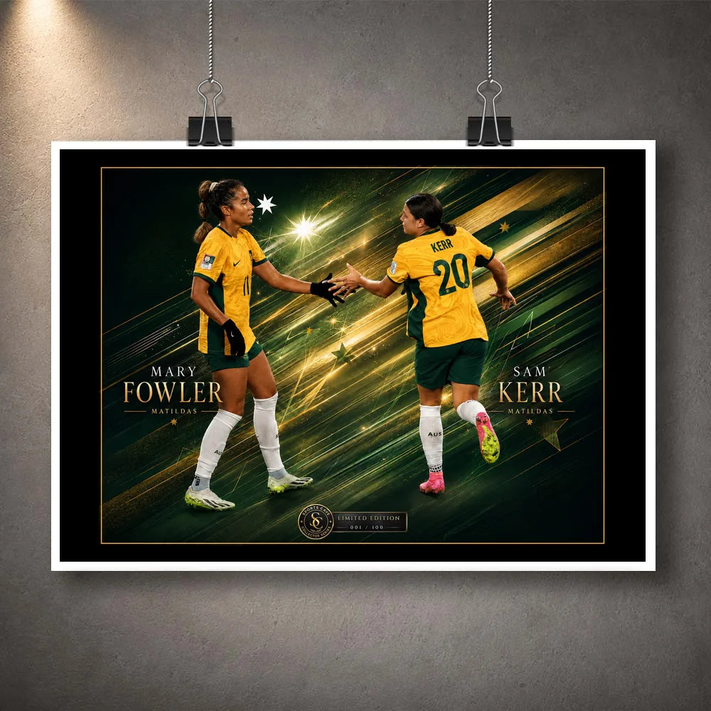 Unframed Sam Kerr and Mary Fowler Matildas soccer wall art featuring both players against a green and gold graphic background.