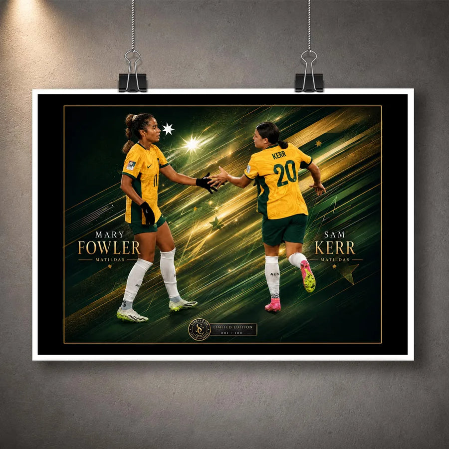 Unframed Sam Kerr and Mary Fowler Matildas soccer wall art featuring both players against a green and gold graphic background.