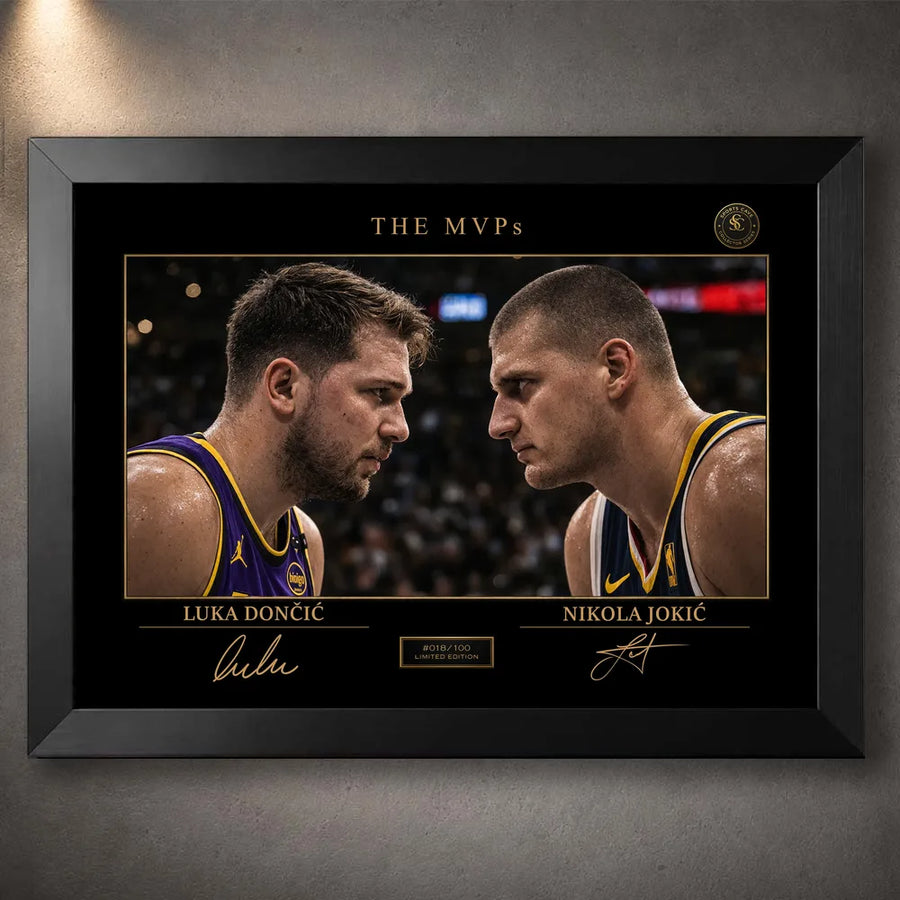 Black framed basketball wall art print with gold title details and collector-style layout