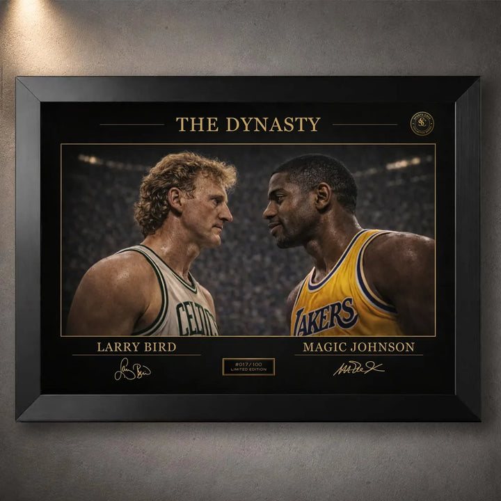 Black framed classic basketball rivalry wall art with gold Dynasty detailing on a dark collector print