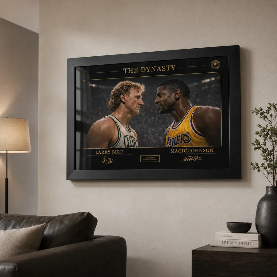 Classic basketball rivalry wall art in a warm living room above a dark leather sofa