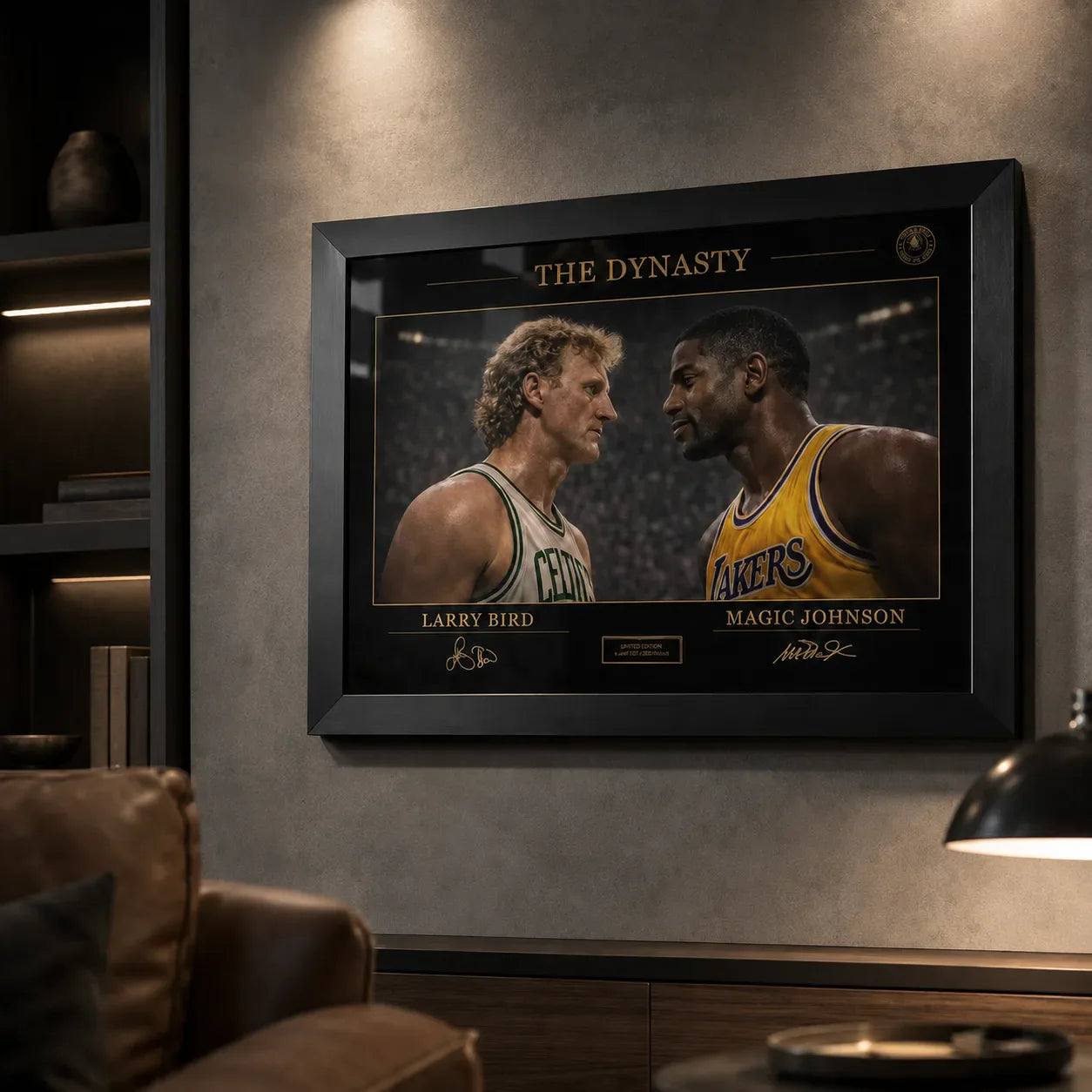Black framed classic basketball rivalry wall art displayed in a moody man cave setting