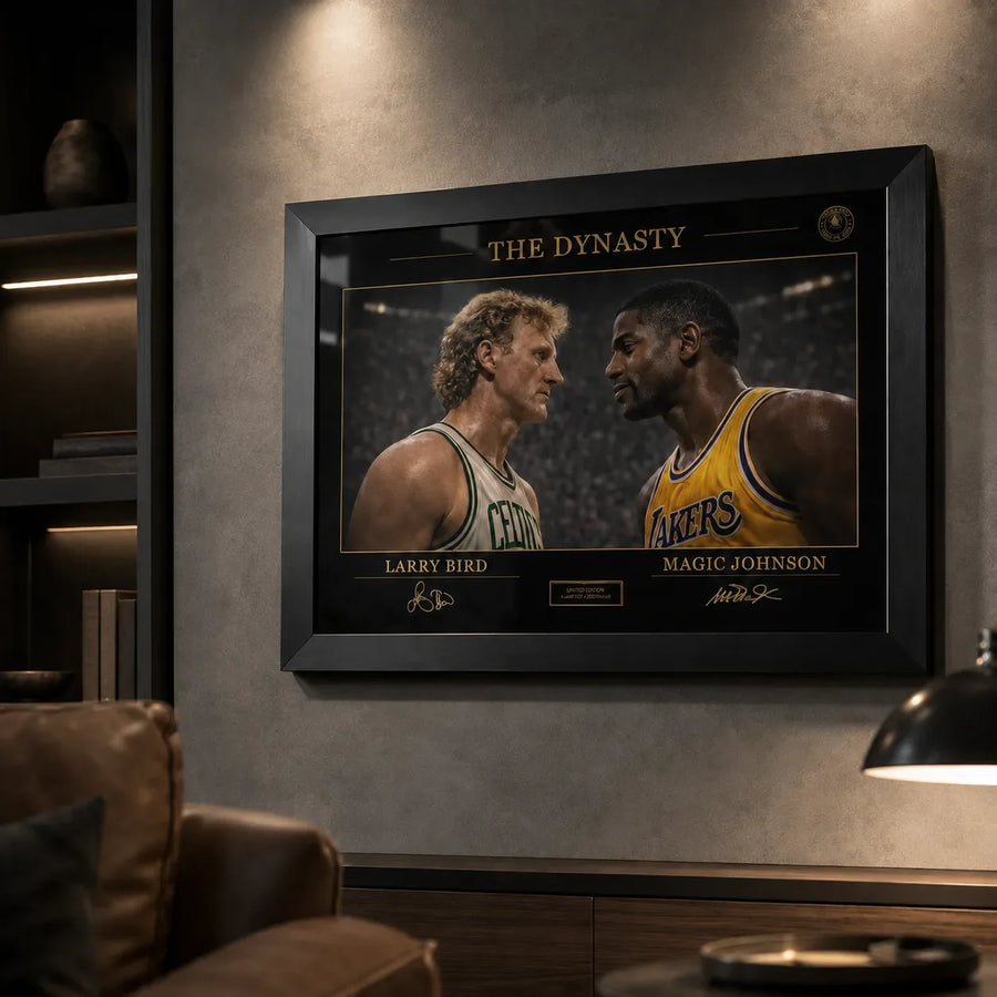 Black framed classic basketball rivalry wall art displayed in a moody man cave setting