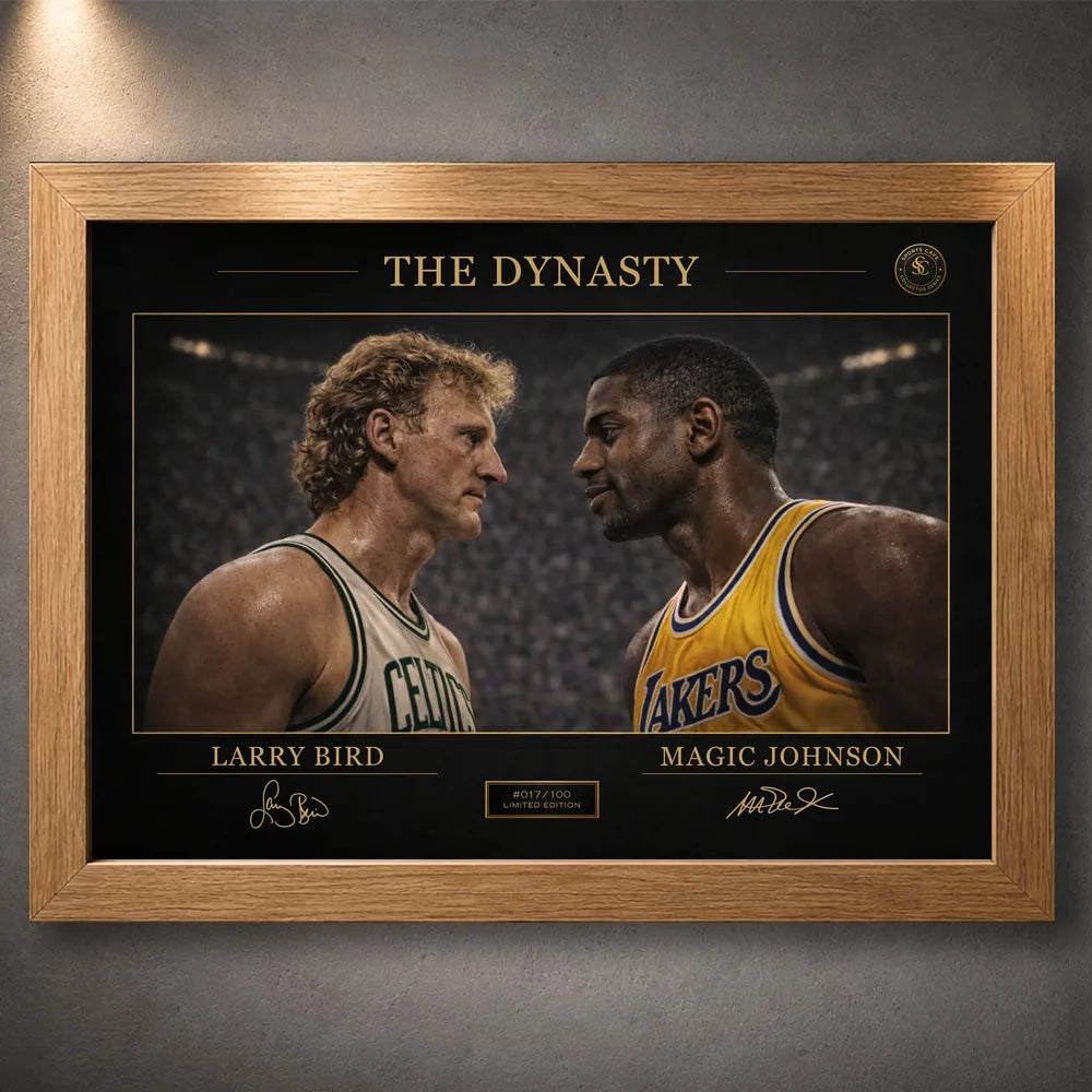 Oak framed classic basketball rivalry wall art with gold Dynasty details on a dark print