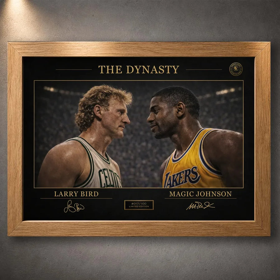 Oak framed classic basketball rivalry wall art with gold Dynasty details on a dark print