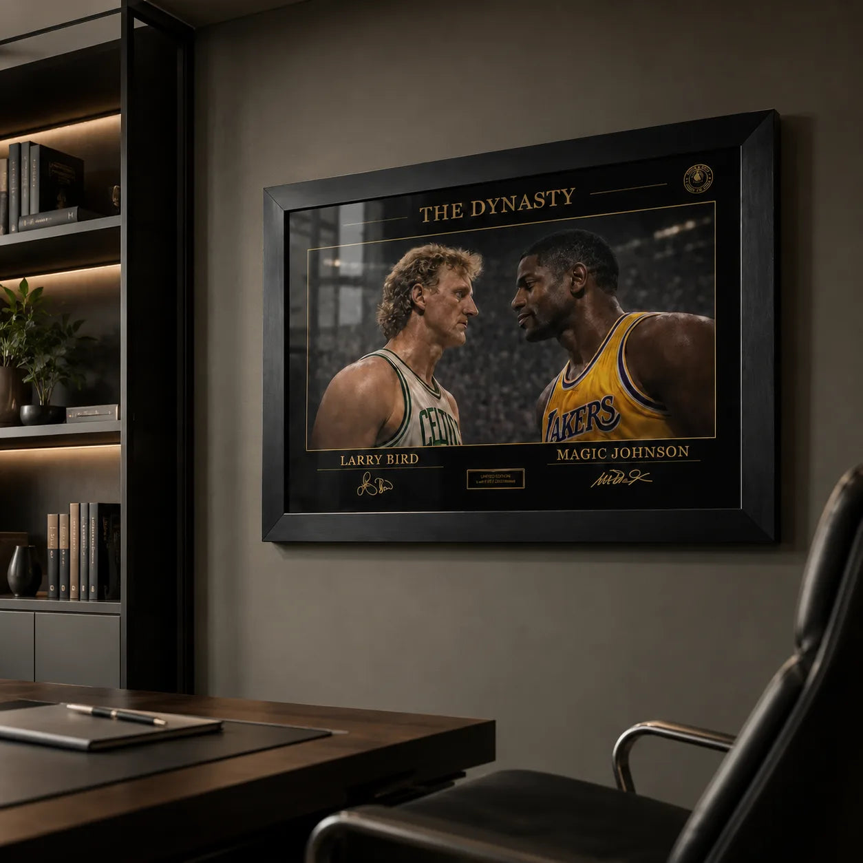 Classic basketball rivalry wall art in a modern office with shelves and a desk