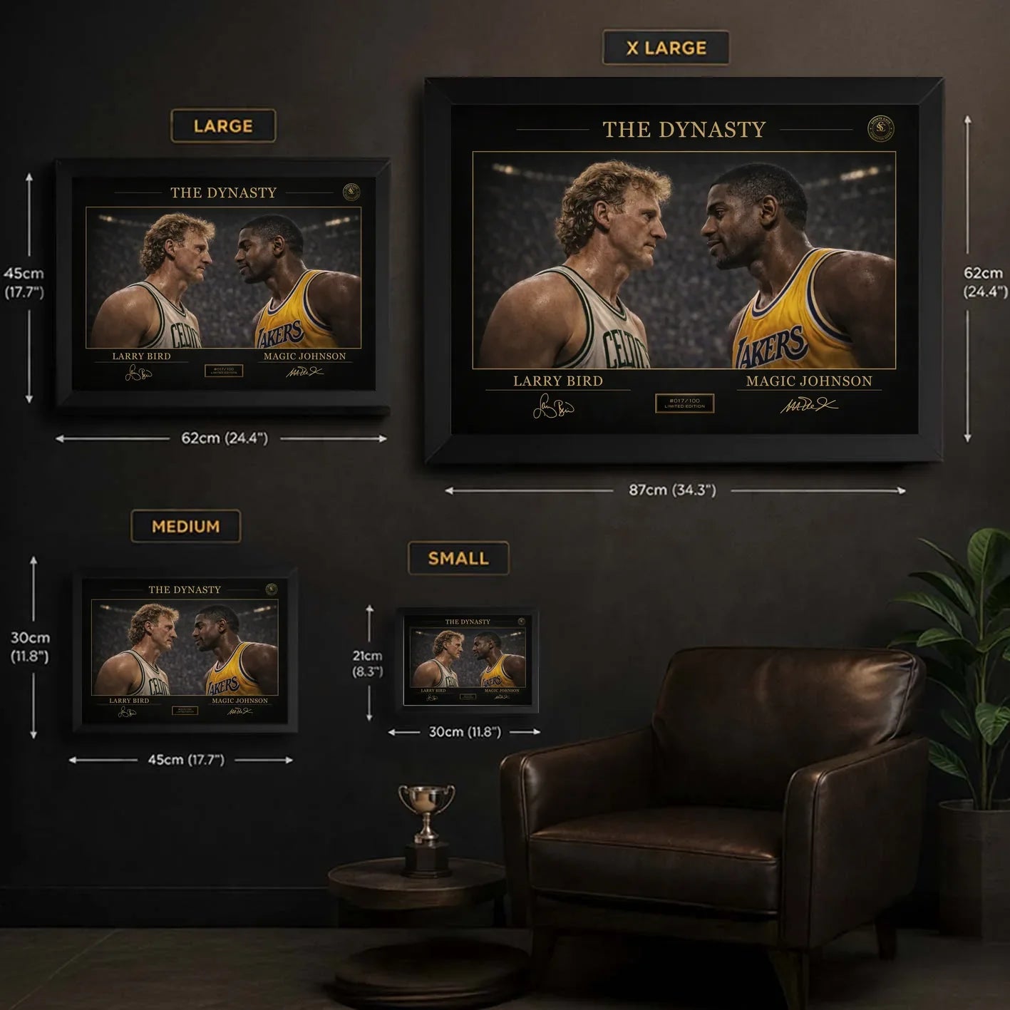 Size guide for a classic basketball rivalry framed wall art print showing S to XL dimensions