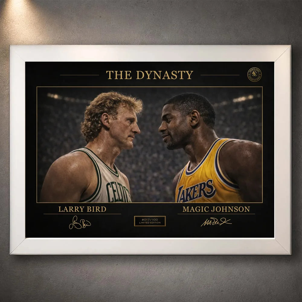 White framed classic basketball rivalry wall art with gold Dynasty details on a dark print