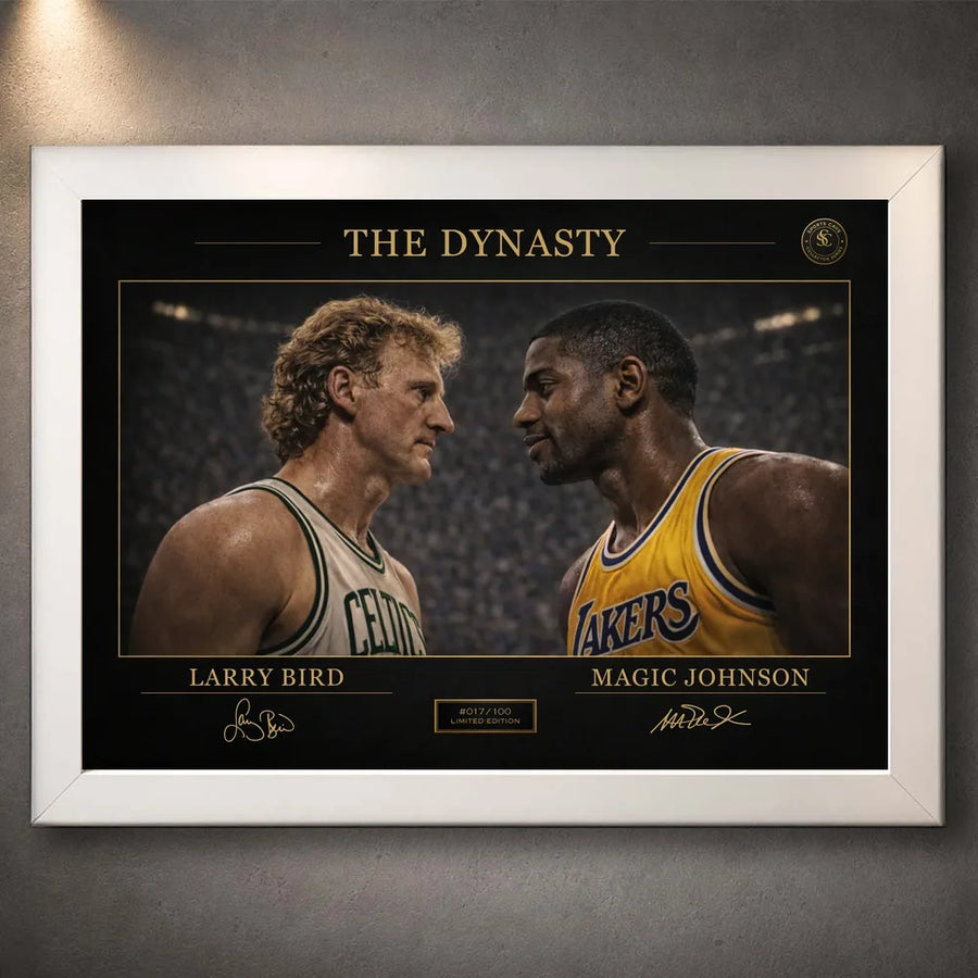 White framed classic basketball rivalry wall art with gold Dynasty details on a dark print