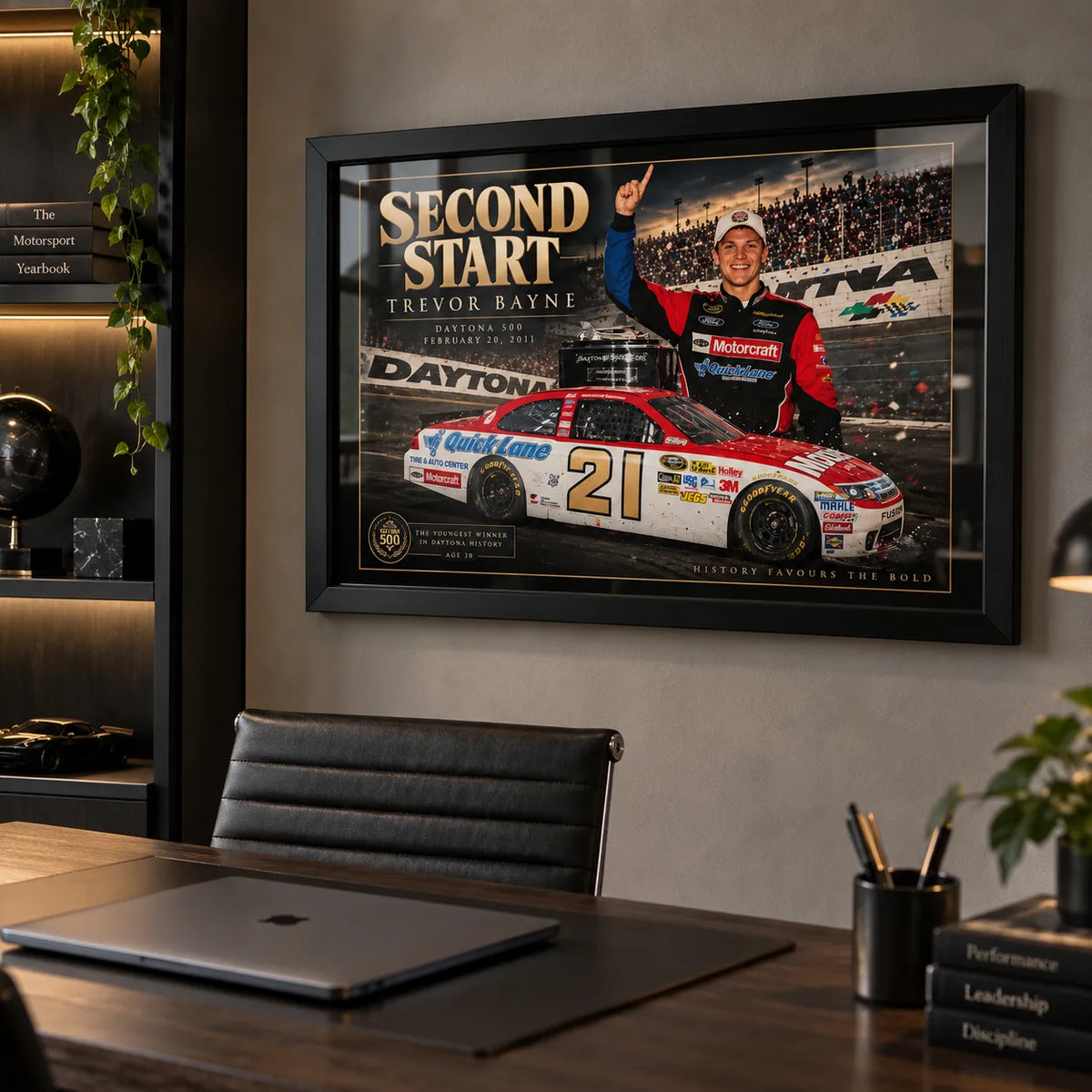 Trevor Bayne NASCAR wall art displayed in a premium office setting with a black frame and dark wood furnishings.