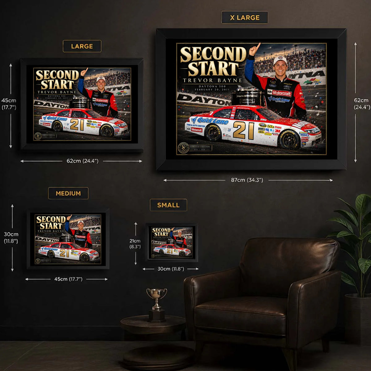 Trevor Bayne wall art size guide showing the available framed dimensions from small through extra large.