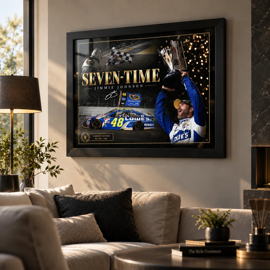Jimmie Johnson Seven-Time wall art displayed in a warm living room with a black frame.