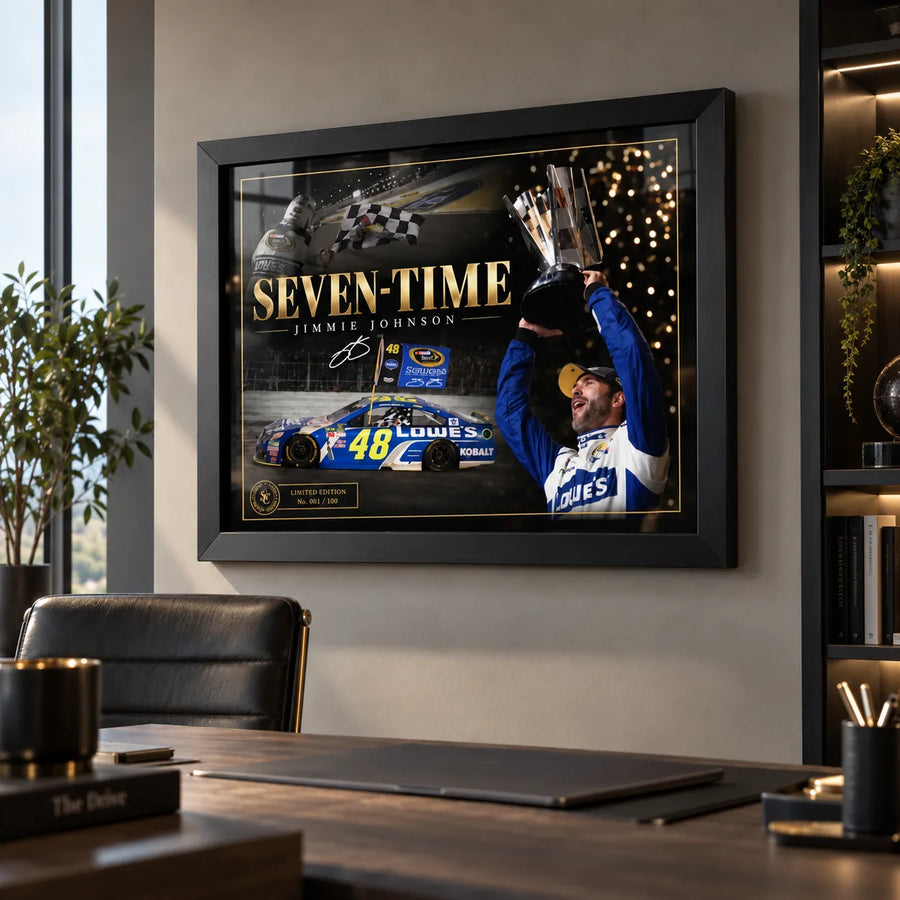 Jimmie Johnson Seven-Time wall art displayed in a modern office with a black frame.