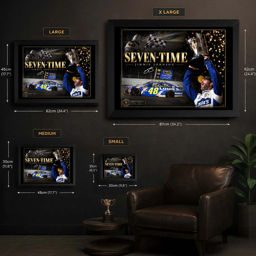 Jimmie Johnson Seven-Time wall art size guide showing framed and unframed options in four sizes.