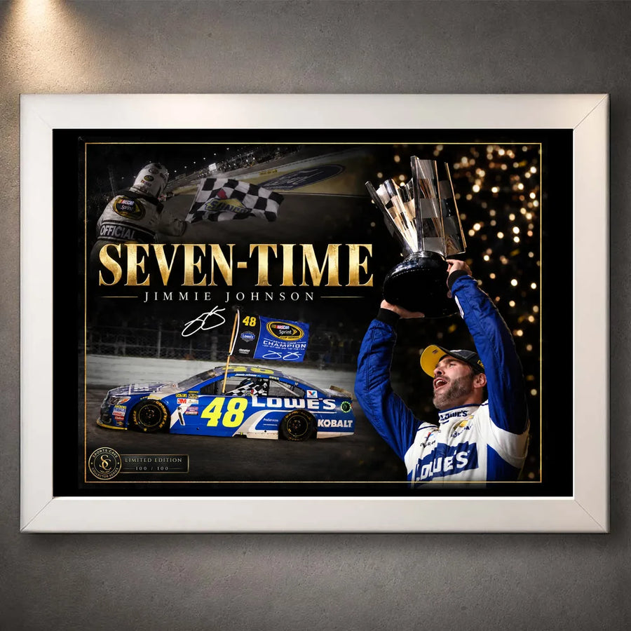 White framed Jimmie Johnson NASCAR wall art featuring the Seven-Time collector design.