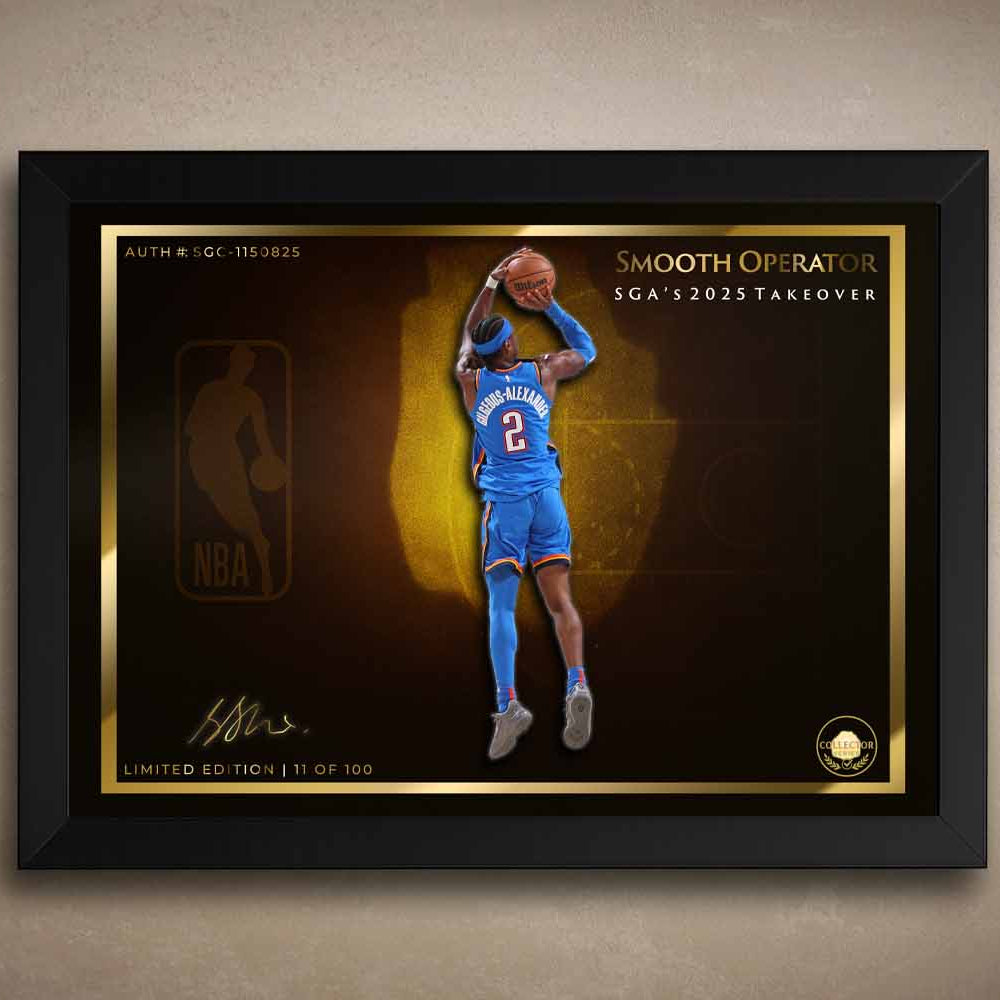 Black framed NBA art featuring Shai Gilgeous-Alexander from the Oklahoma City Thunder Basketball team.