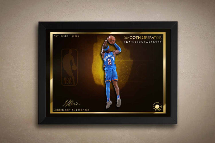 Black framed NBA art featuring Shai Gilgeous-Alexander from the Oklahoma City Thunder Basketball team.