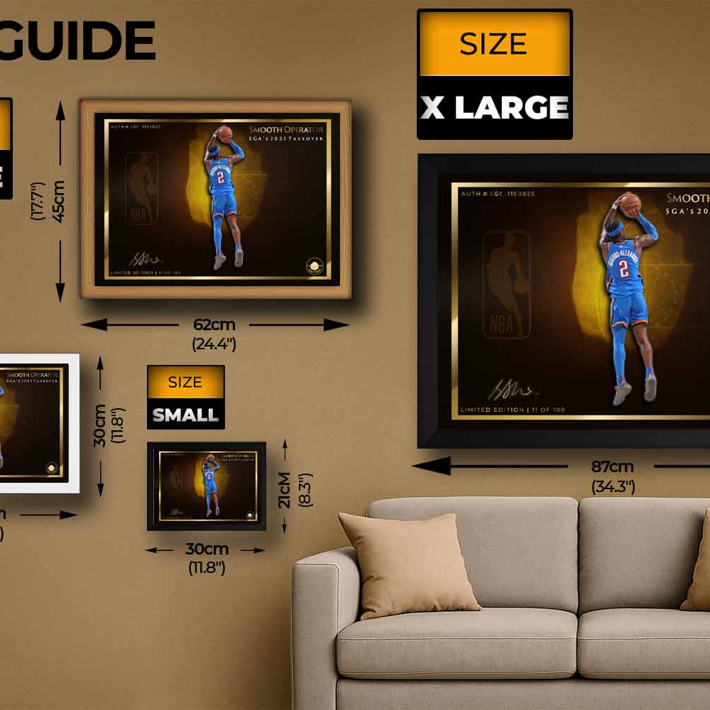 Size guide showing framed NBA wall art of Shai Gilgeous-Alexander in small, medium, large, and XL formats for man cave display.