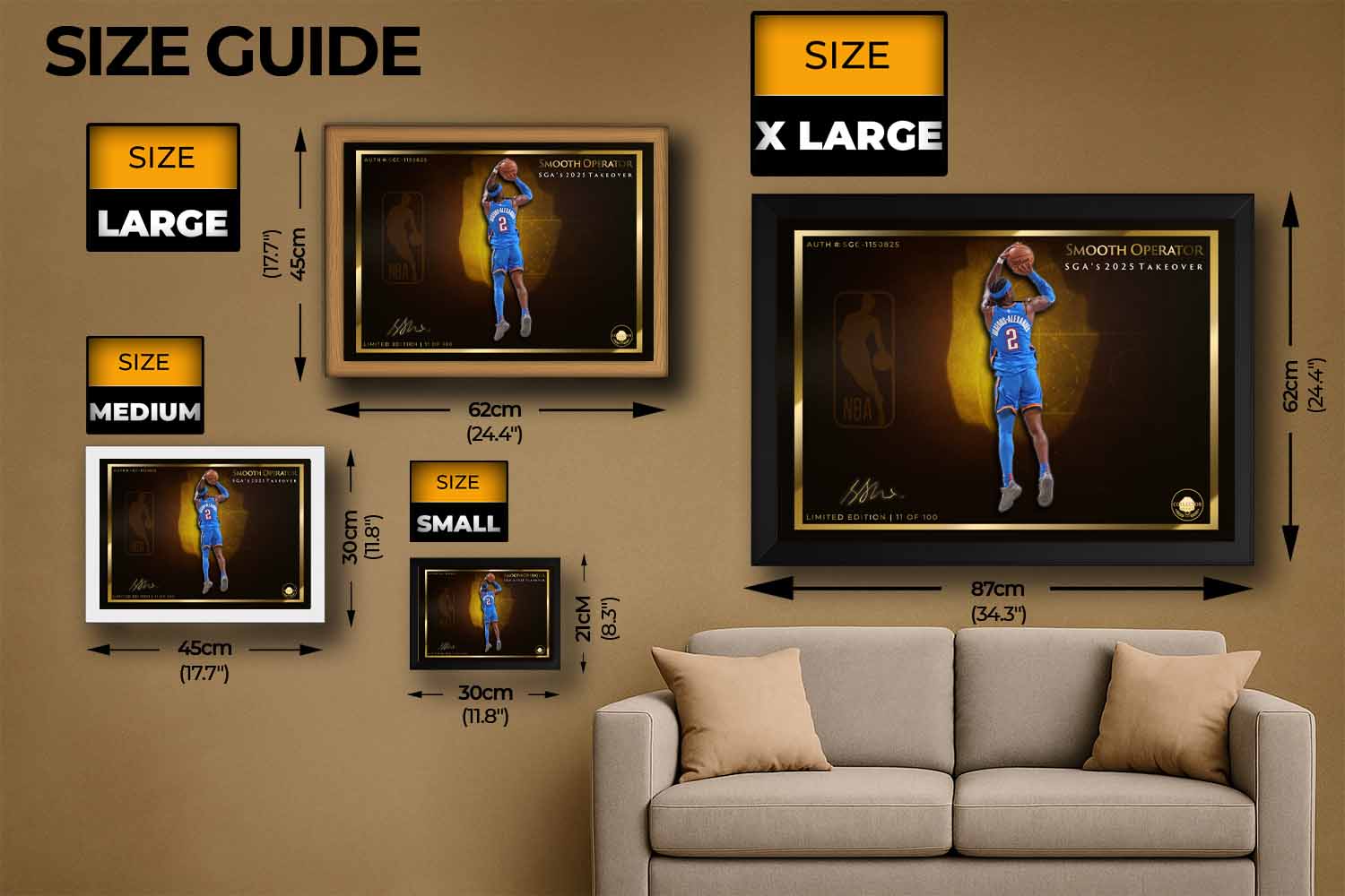 Size guide showing framed NBA wall art of Shai Gilgeous-Alexander in small, medium, large, and XL formats for man cave display.