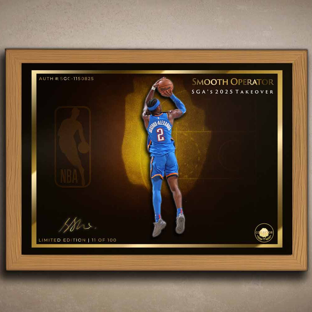 Oak-framed limited edition sports art print of Shai Gilgeous-Alexander, perfect for premium man cave wall art or NBA collectors.