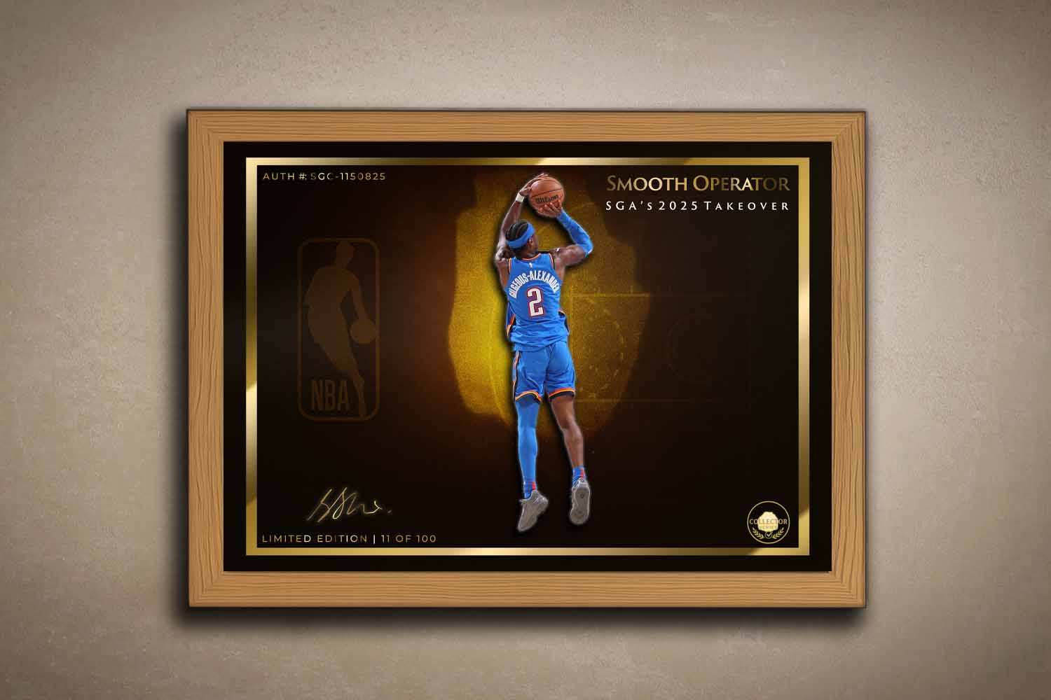 Oak-framed limited edition sports art print of Shai Gilgeous-Alexander, perfect for premium man cave wall art or NBA collectors.