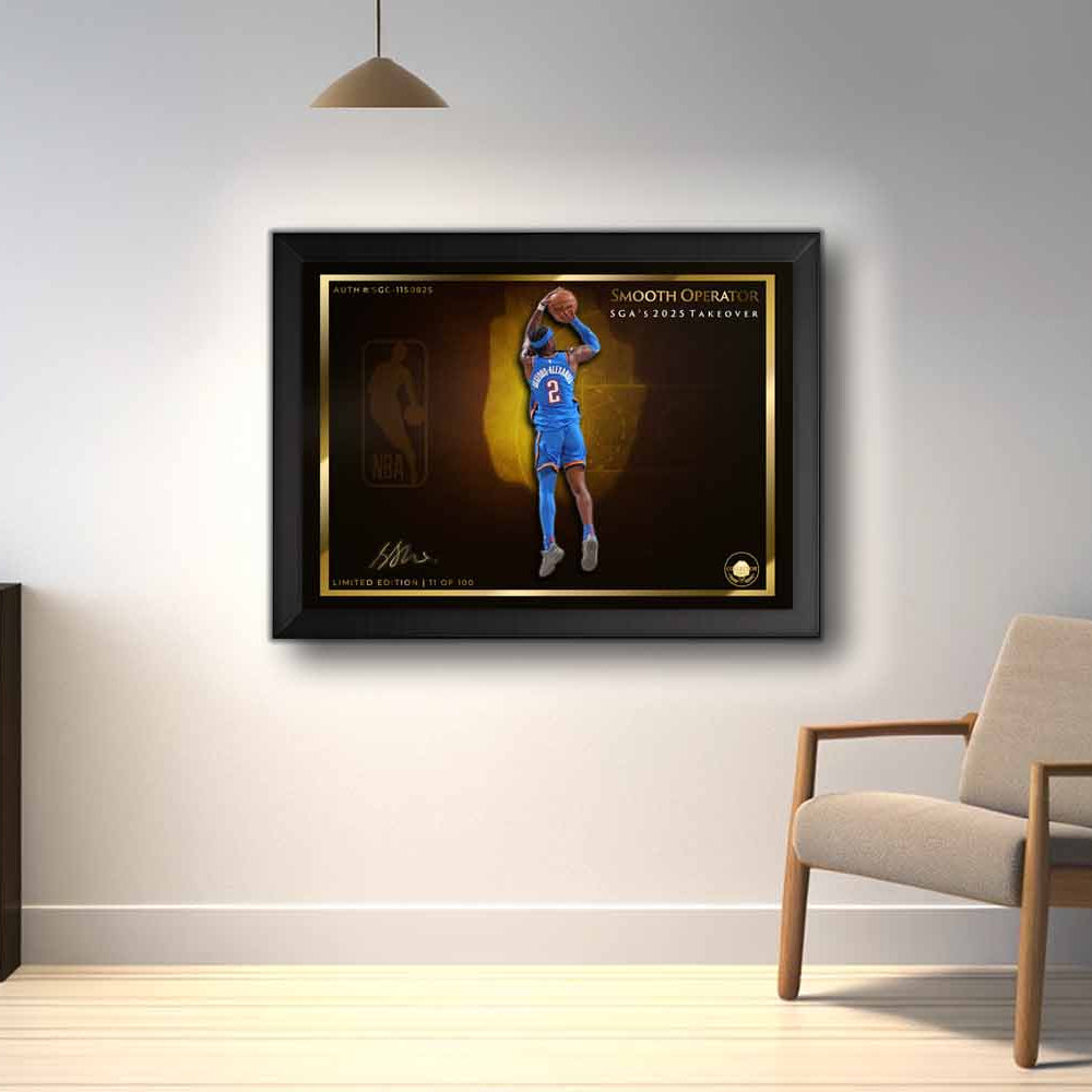 Framed sports art of Shai Gilgeous-Alexander mid-jump shot, part of a premium limited edition sports wall art print for man caves.