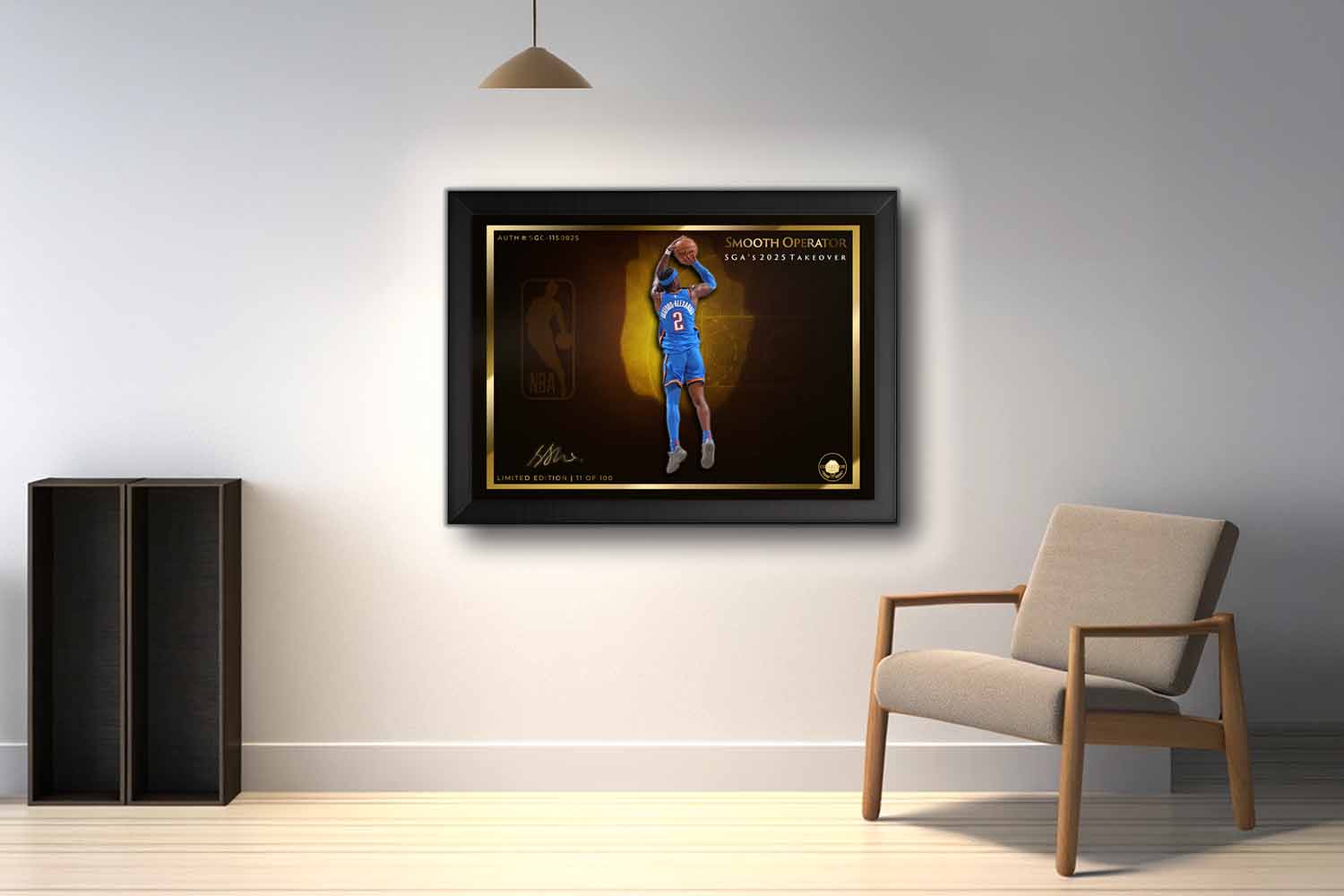 Framed sports art of Shai Gilgeous-Alexander mid-jump shot, part of a premium limited edition sports wall art print for man caves.