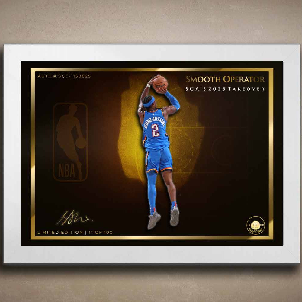 White-framed limited edition Shai Gilgeous-Alexander sports wall art, a standout NBA print for premium man cave wall décor.