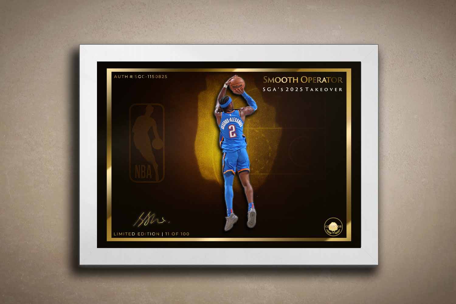 White-framed limited edition Shai Gilgeous-Alexander sports wall art, a standout NBA print for premium man cave wall décor.