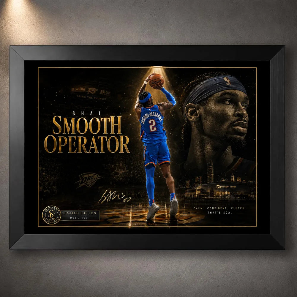 Shai Gilgeous-Alexander Smooth Operator basketball wall art in a premium black frame with gold collector details.