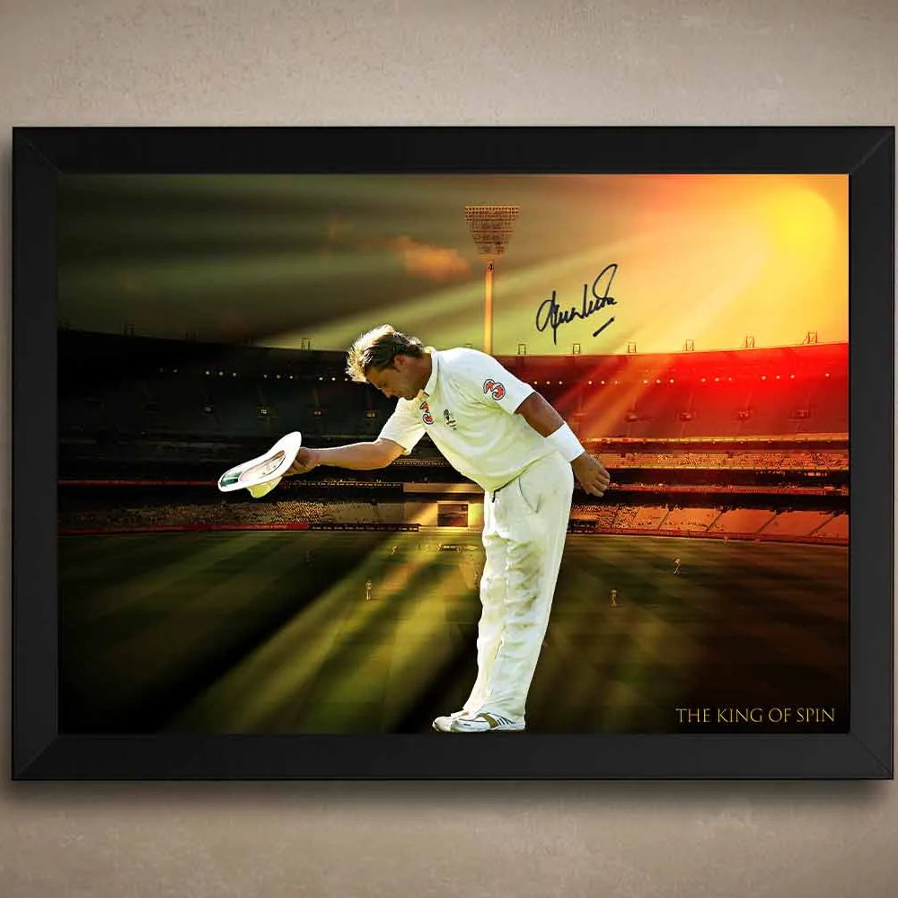 Shane Warne wall art print of final MCG farewell with sunset and signature – limited edition framed sports memorabilia.