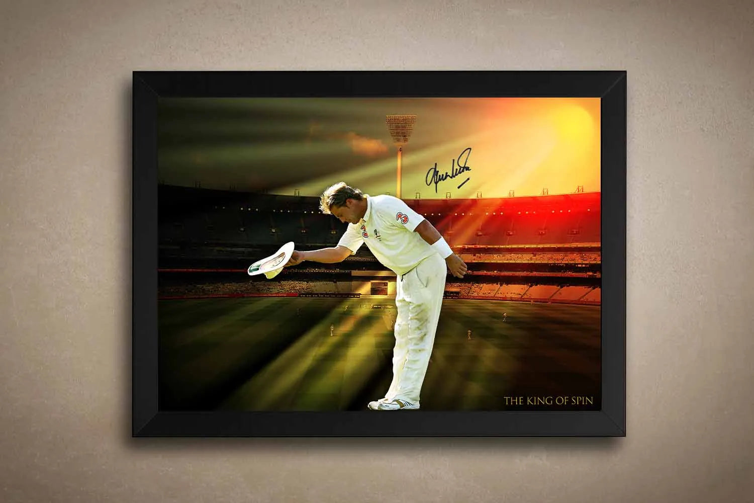 Shane Warne wall art print of final MCG farewell with sunset and signature – limited edition framed sports memorabilia.